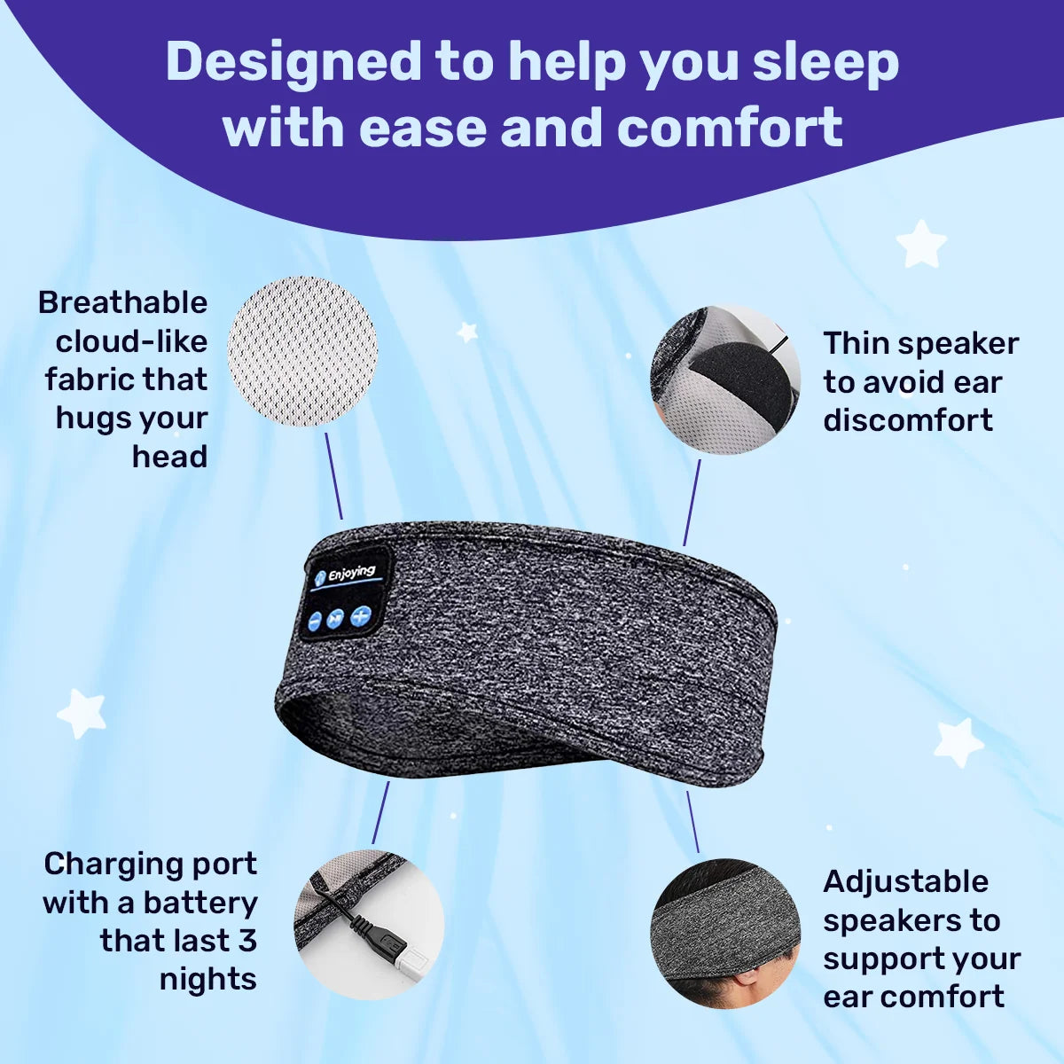 Sleep Headband Built-In Earbuds Soft Fabric