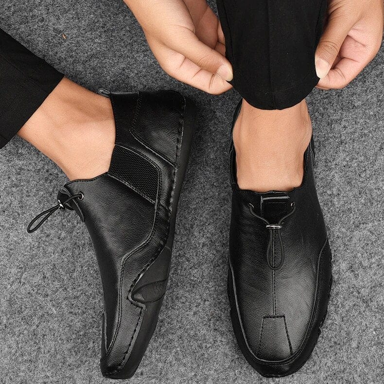 Slip-On Loafers Leather Elastic Lace Non-Slip Sole