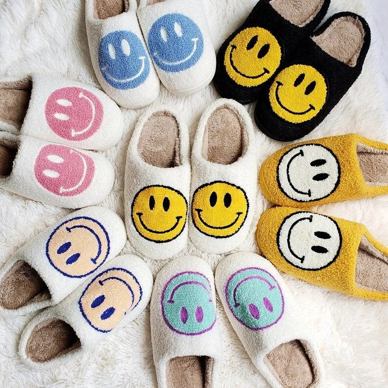 Slippers Smiley Embroidery Plush Lining & Non-Slip Sole