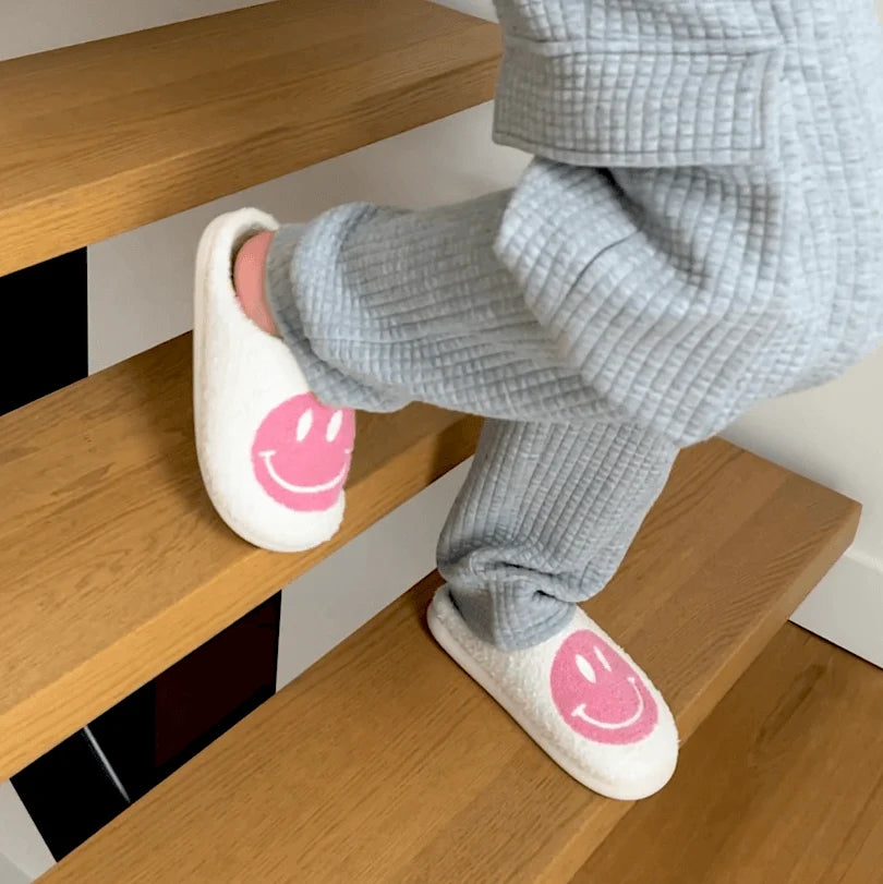 Slippers Smiley Embroidery Plush Lining & Non-Slip Sole