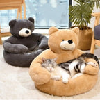 Small Pet Bed Bear-Shaped Plush Raised Sides Non-Slip Bottom