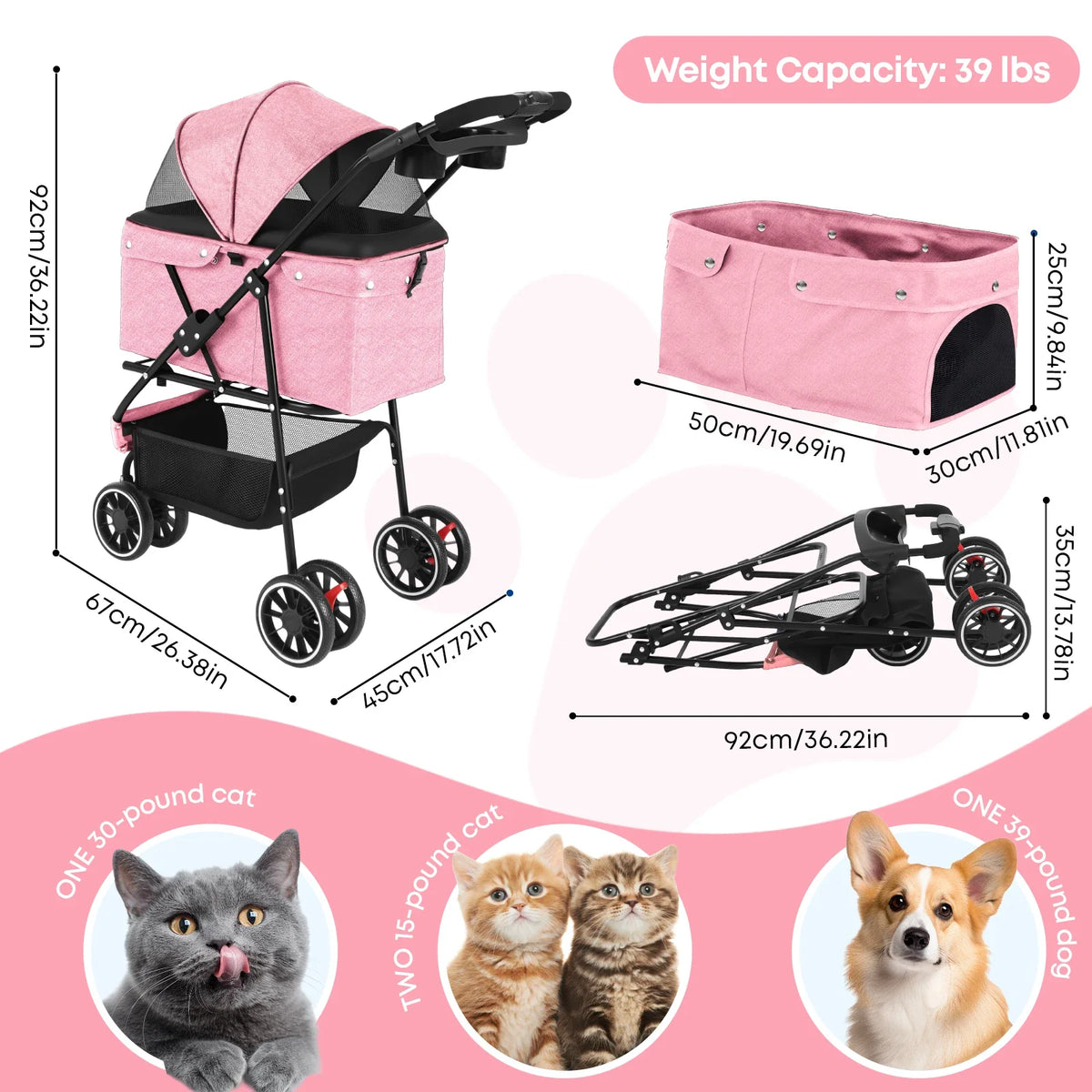 Small Pet Stroller Foldable Water-Resistant 39 lb Capacity