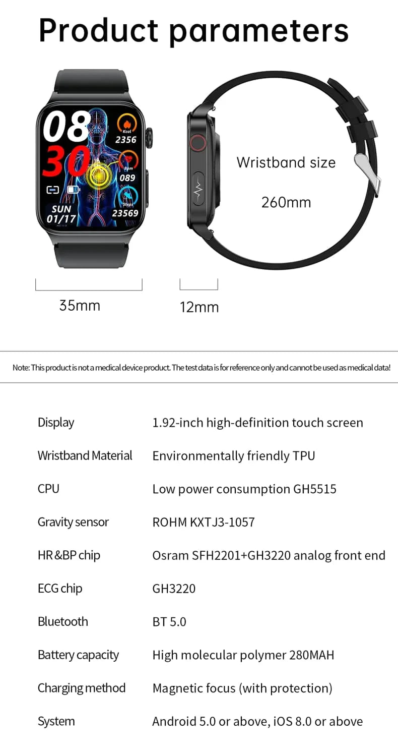 Smartwatch ECG & Blood Glucose 7 Day Battery