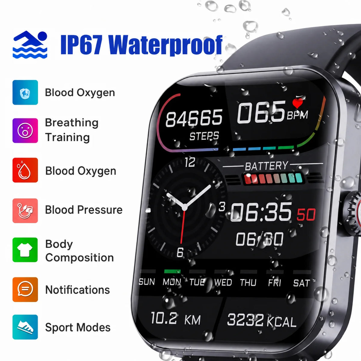 Smartwatch Non-Invasive Blood Sugar Monitor Long Battery Life