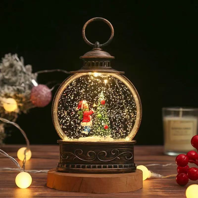 Snow Globe Lamp Warm LED Glass Globe Wooden Base