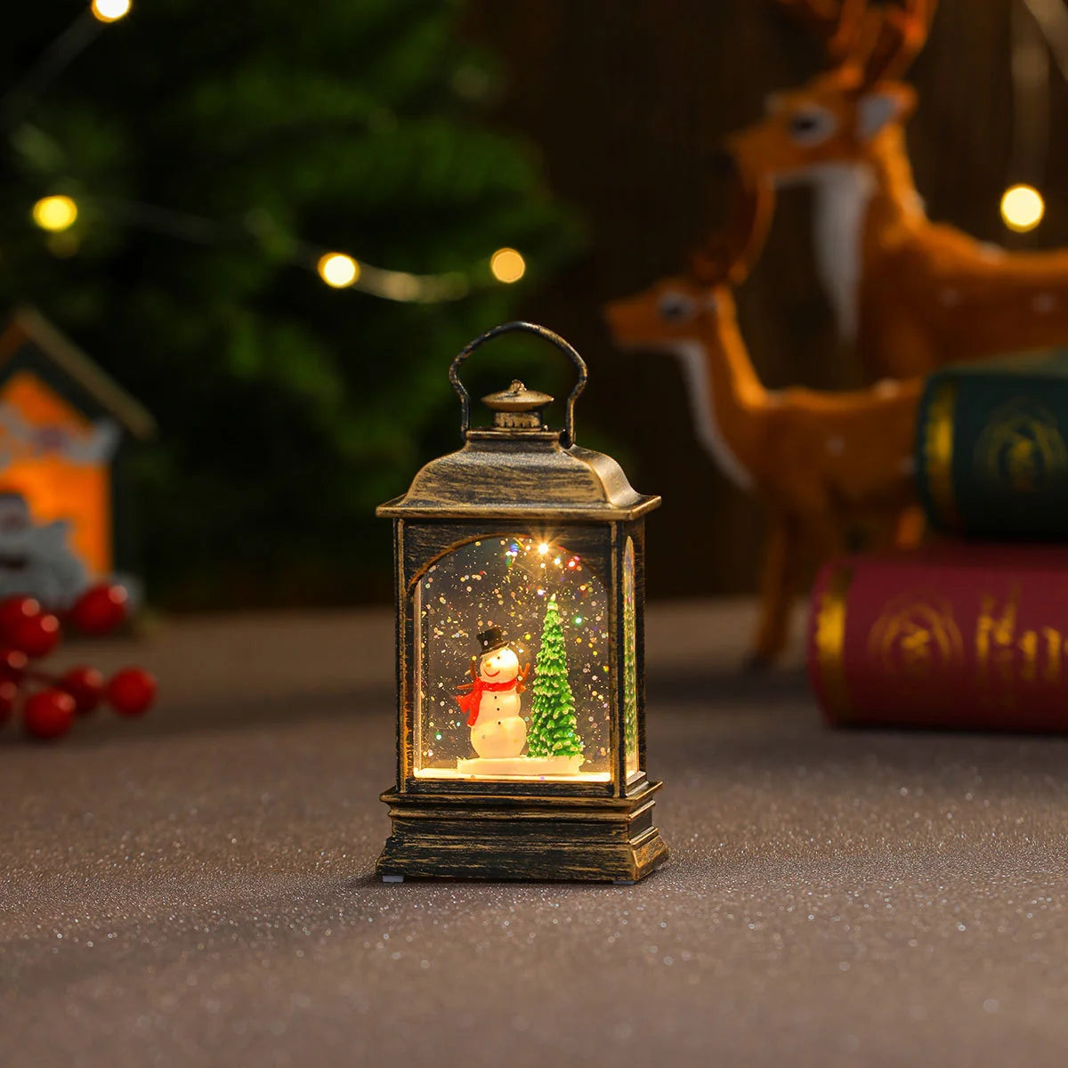 Snow Globe Lamp Warm LED Glass Globe Wooden Base