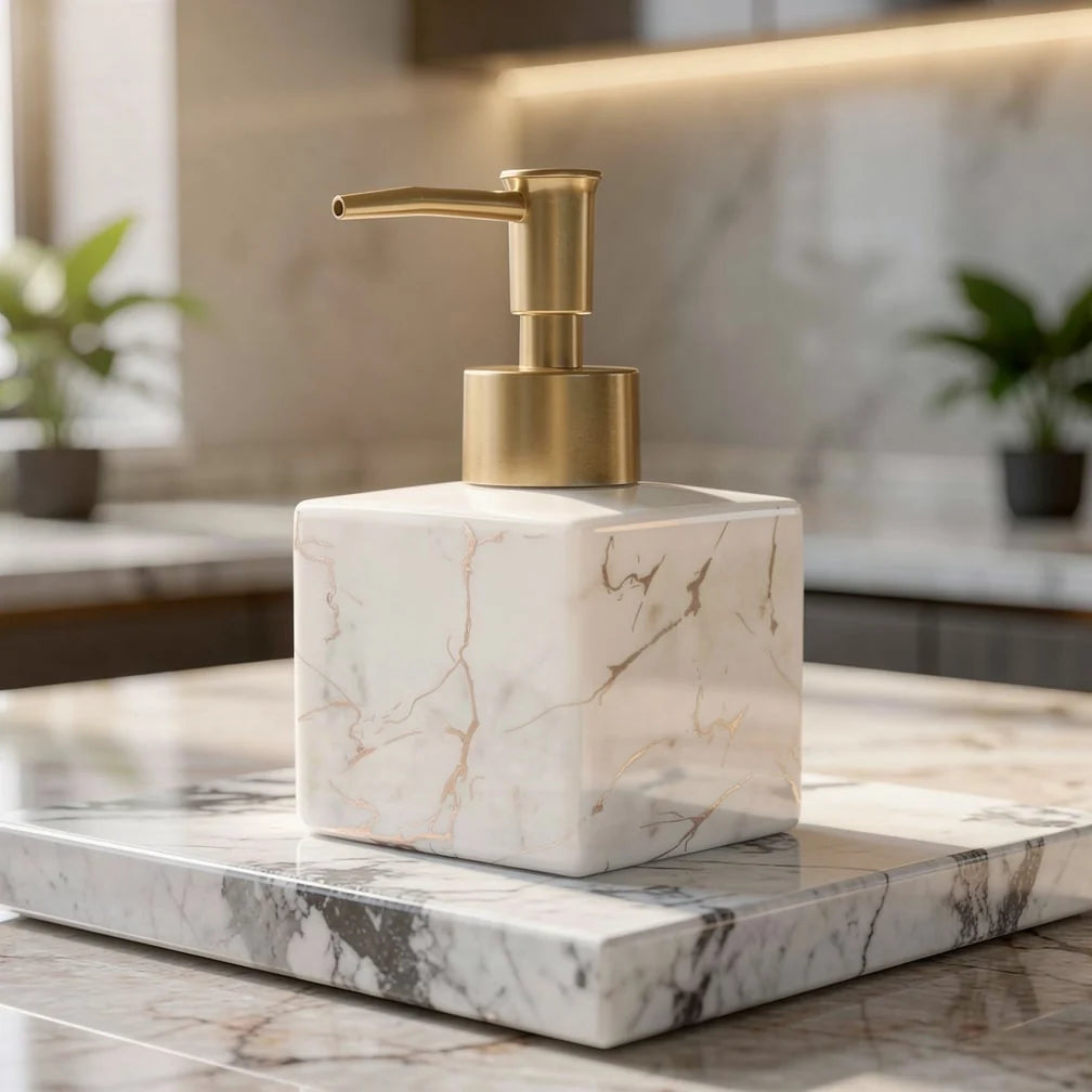 Soap Dispenser Ceramic Marble Finish Gold Pump