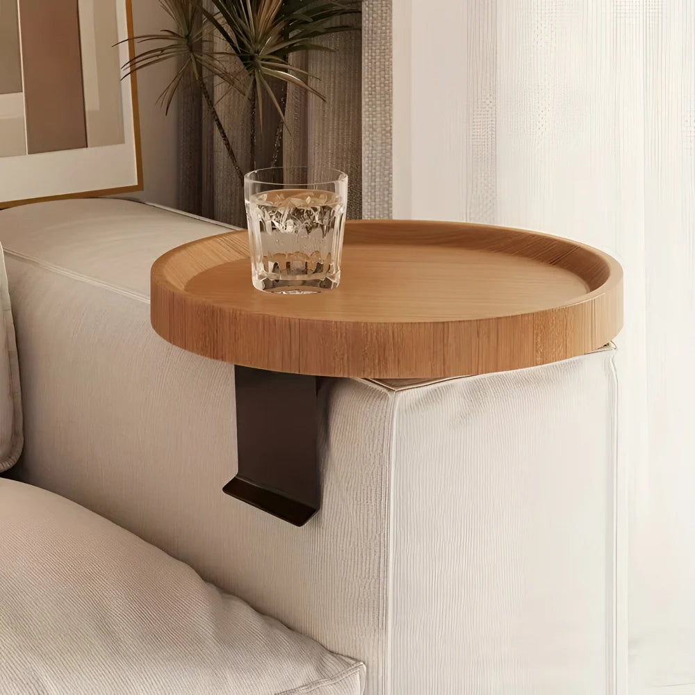 Sofa Armrest Table Clip-On Clamp Natural Wood