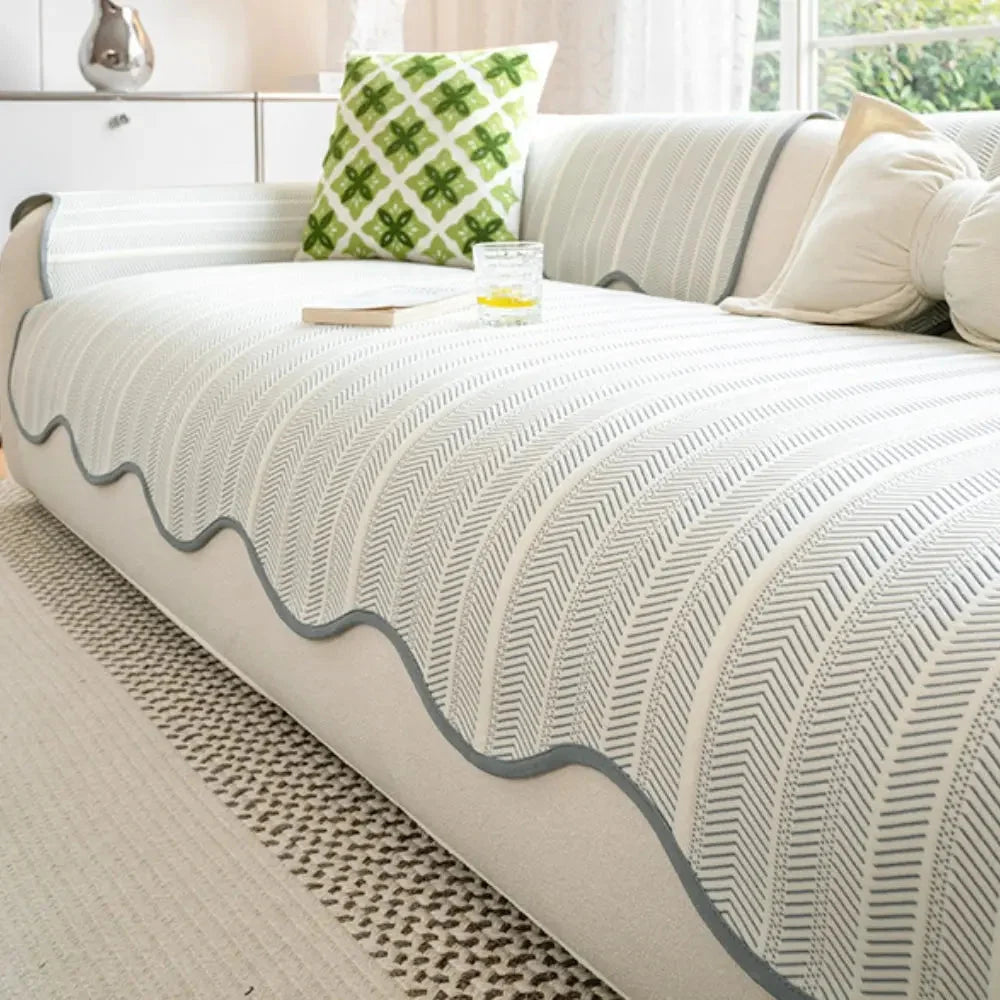 Sofa Cover Microfiber Herringbone & Scallop Edge