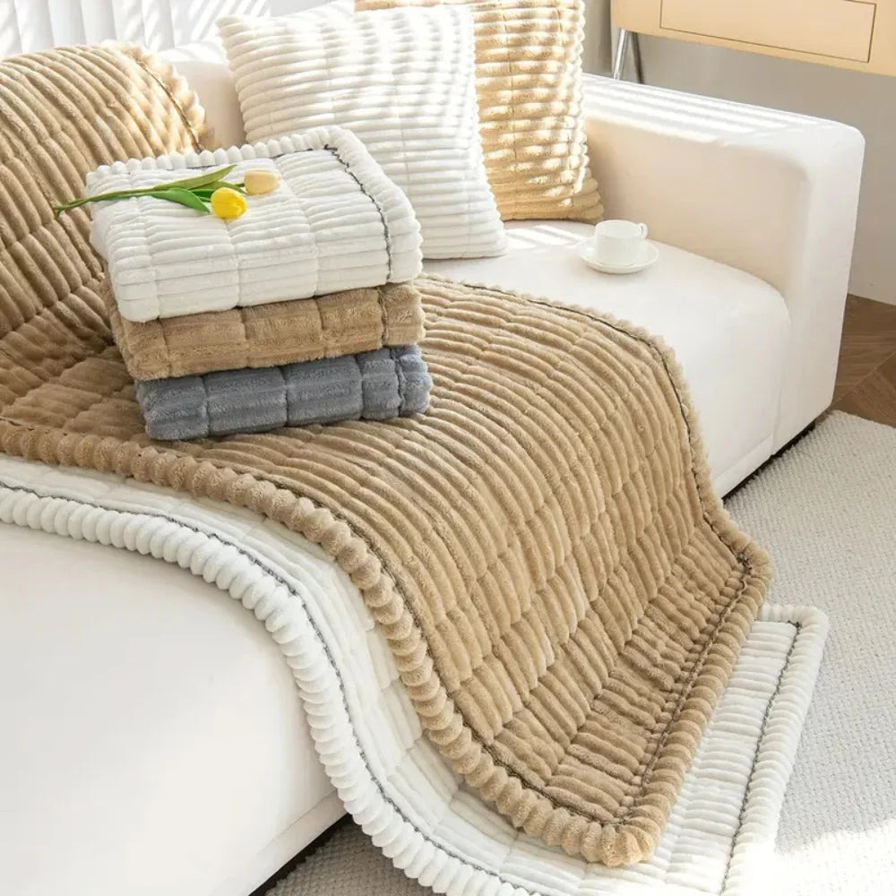 Sofa Cover Plush Flannel Hand-Pleated Edges Non-Slip