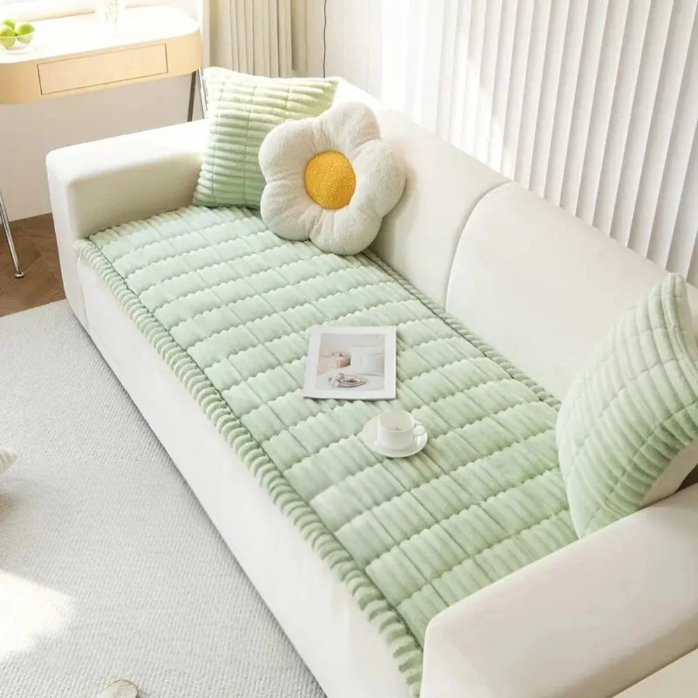Sofa Cover Plush Flannel Hand-Pleated Edges Non-Slip