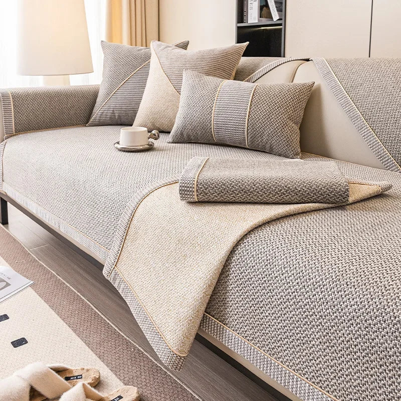 Sofa Cover Quilted Cotton-Linen Anti-Slip Backing