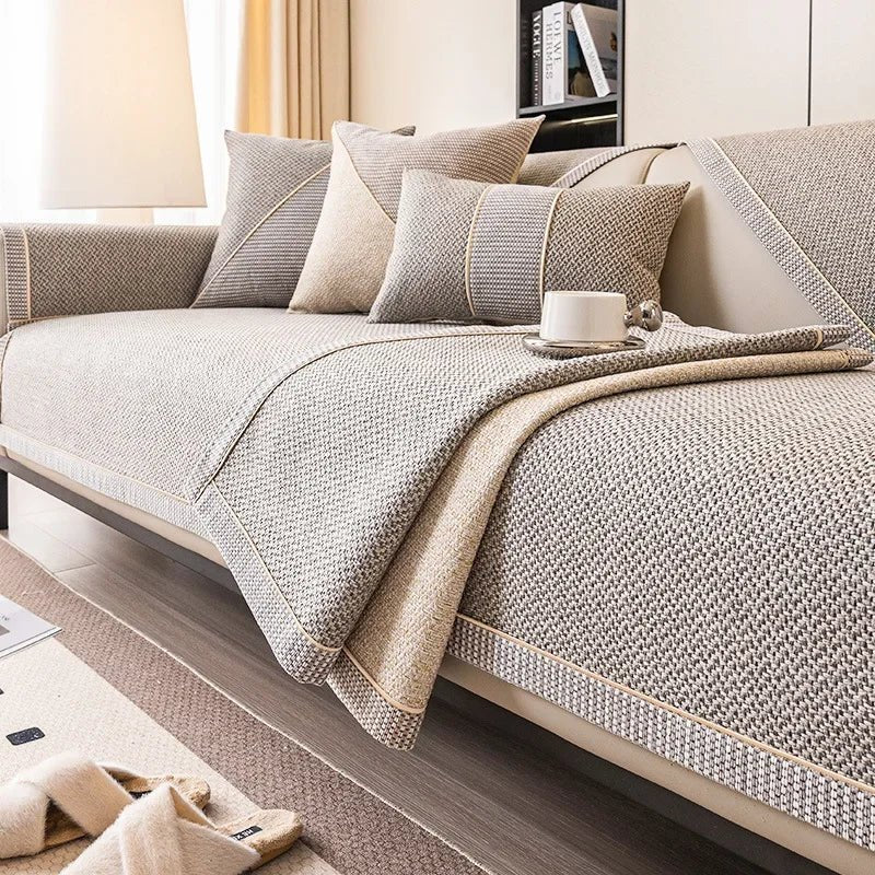 Sofa Cover Quilted Cotton-Linen Anti-Slip Backing