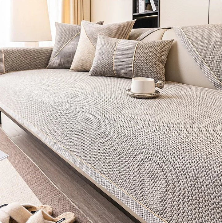 Sofa Cover Quilted Cotton-Linen Anti-Slip Backing