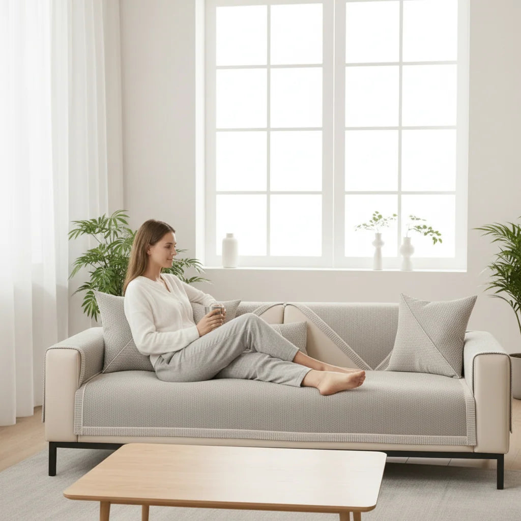 Sofa Cover Quilted Cotton-Linen Non-Slip Backing