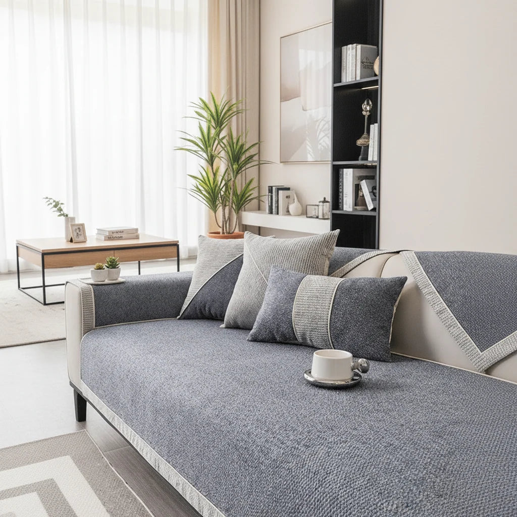 Sofa Cover Quilted Cotton-Linen Non-Slip Backing