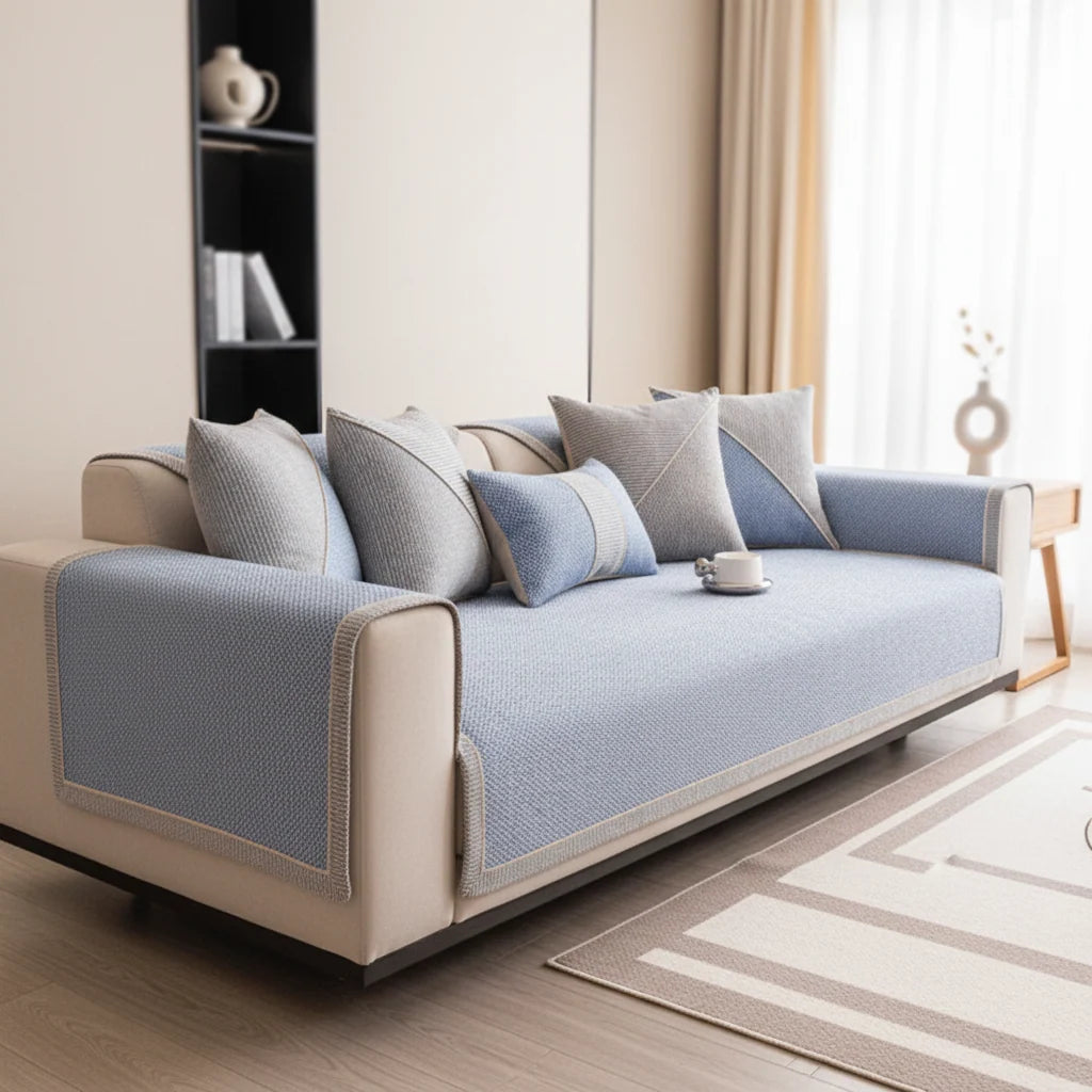 Sofa Cover Quilted Cotton-Linen Non-Slip Backing