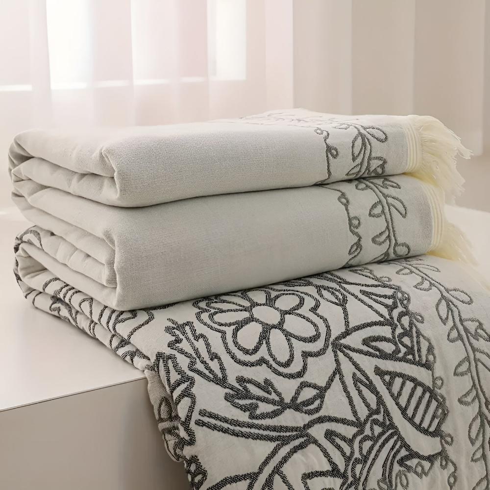 Soft Breathable 100% Cotton Reversible Jacquard Throw Blanket (All-Season)