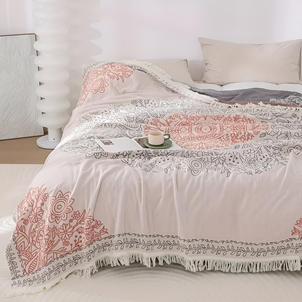 Soft Breathable 100% Cotton Reversible Jacquard Throw Blanket (All-Season)