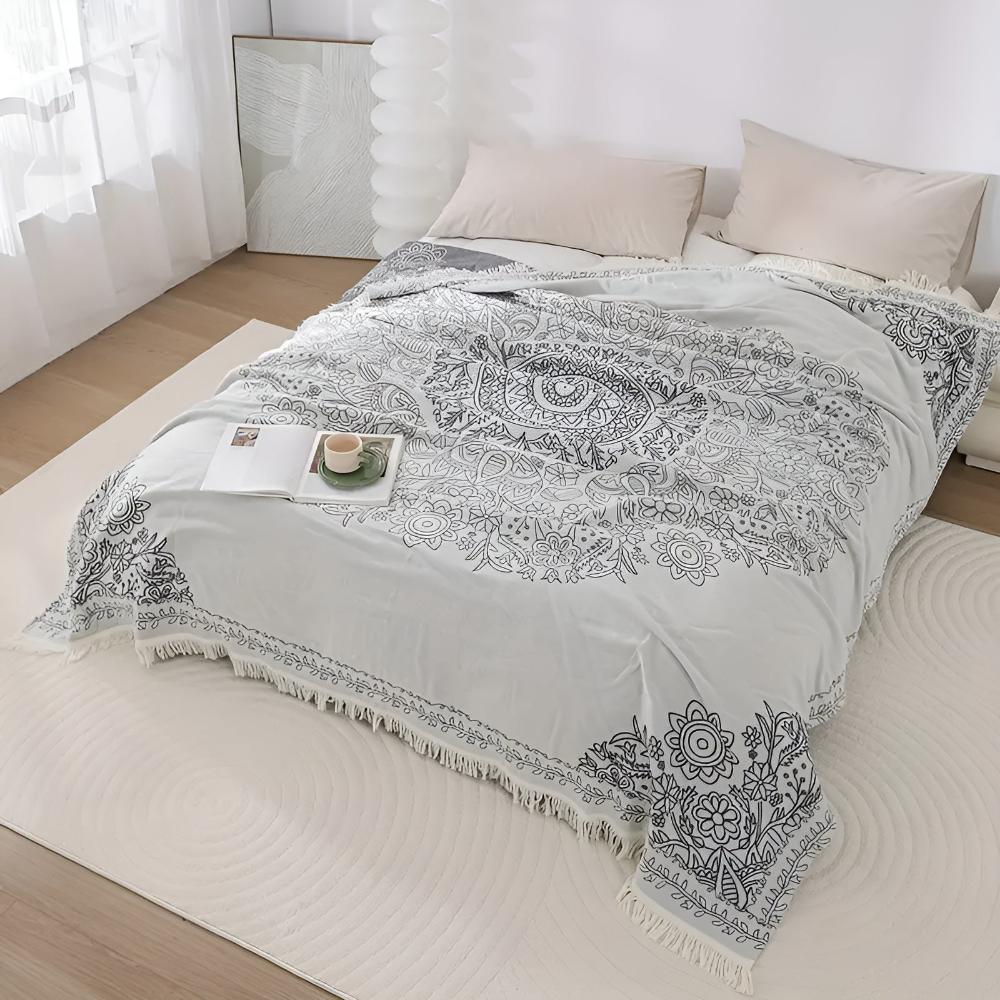 Soft Breathable 100% Cotton Reversible Jacquard Throw Blanket (All-Season)