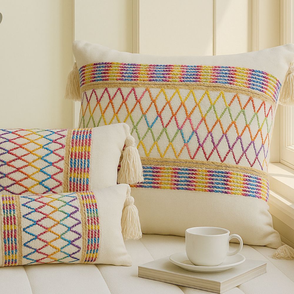 Soft Microfiber Rainbow Lattice Tassel Cushion Cover (Machine Washable)