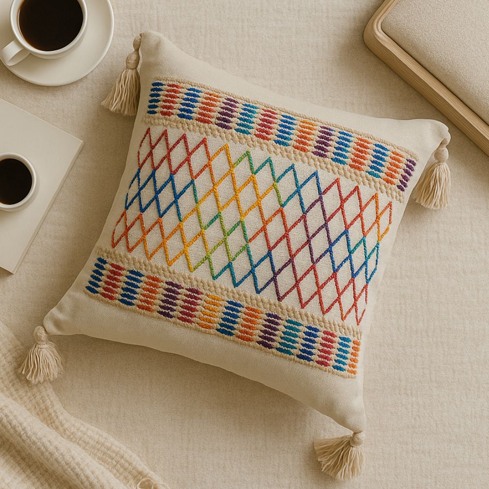 Soft Microfiber Rainbow Lattice Tassel Cushion Cover (Machine Washable)
