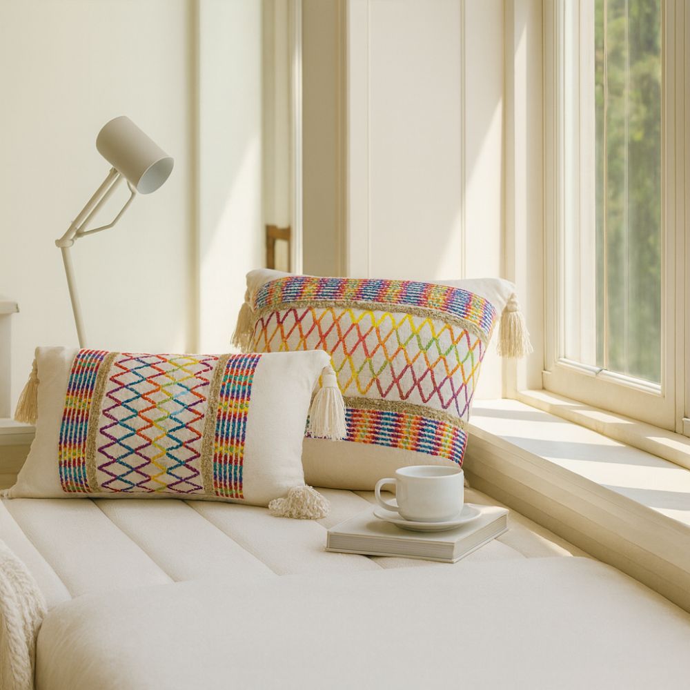 Soft Microfiber Rainbow Lattice Tassel Cushion Cover (Machine Washable)