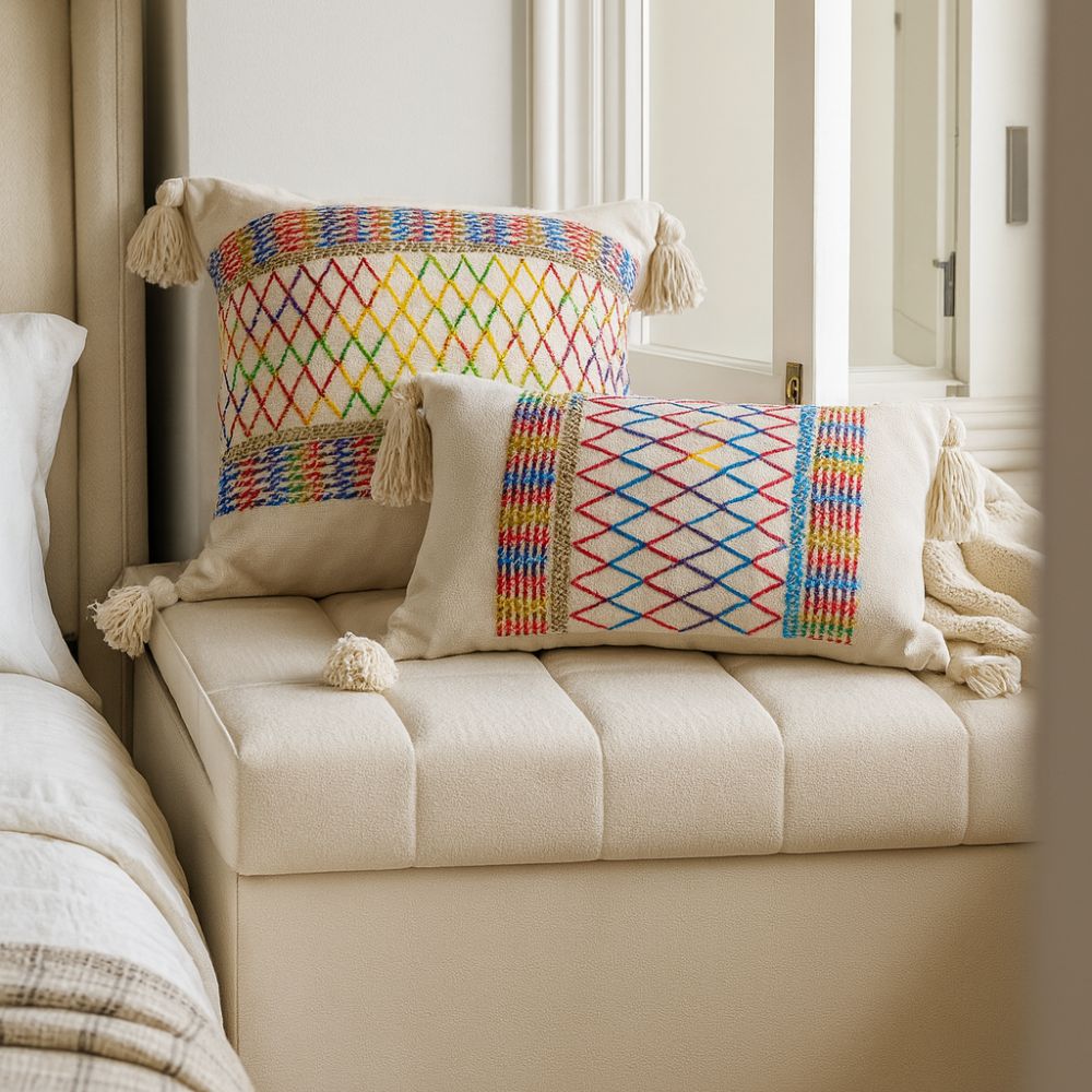 Soft Microfiber Rainbow Lattice Tassel Cushion Cover (Machine Washable)