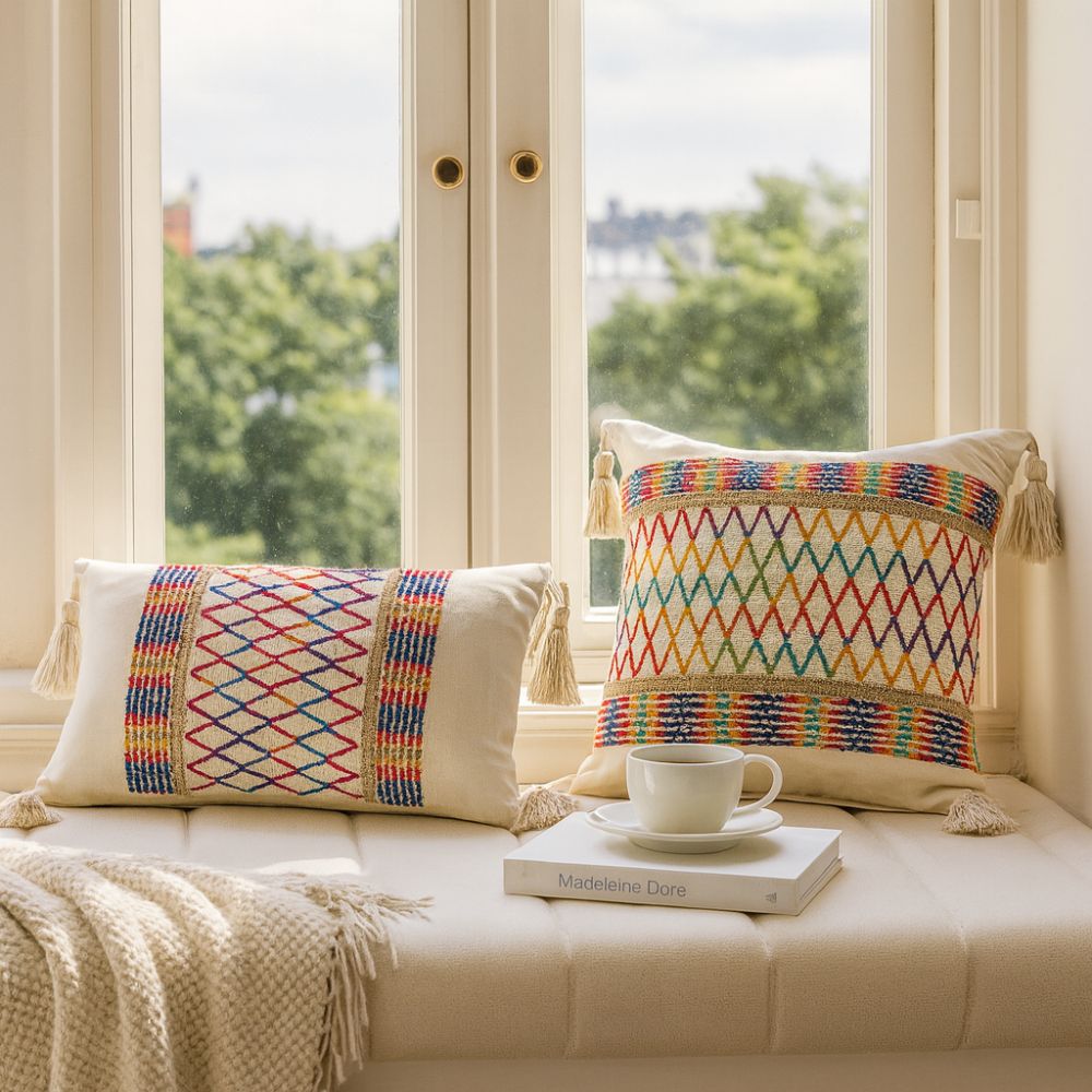 Soft Microfiber Rainbow Lattice Tassel Cushion Cover (Machine Washable)