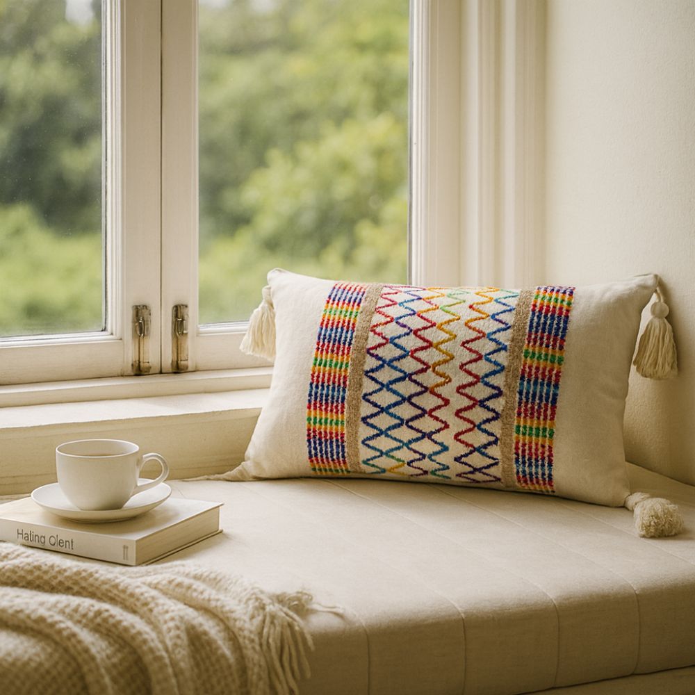 Soft Microfiber Rainbow Lattice Tassel Cushion Cover (Machine Washable)