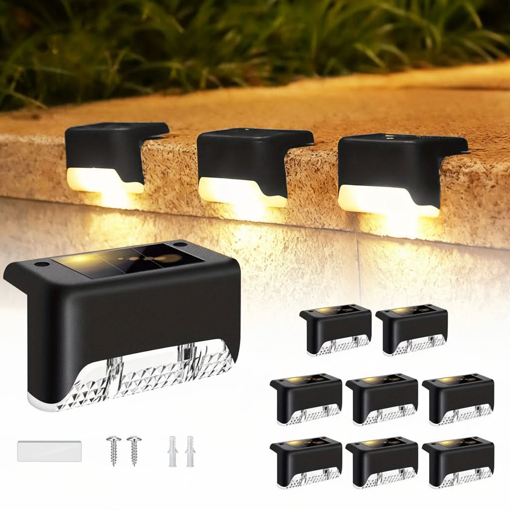 Solar Fence Lights Dusk-To-Dawn LED Waterproof Set of 8