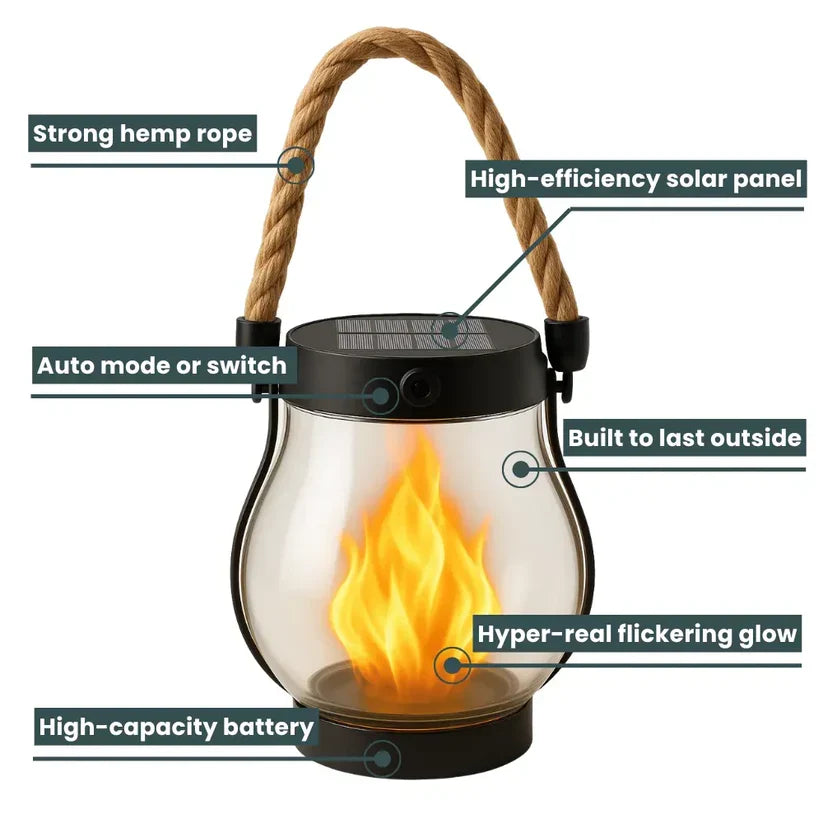 Solar Garden Lantern Flickering Flame USB-C Backup