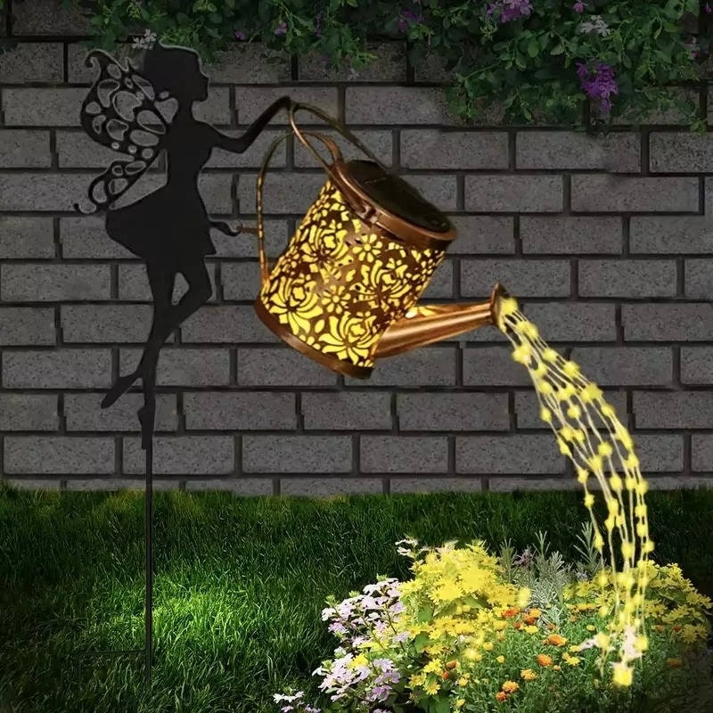 Solar Garden Light Watering Can Warm White Bronze Finish