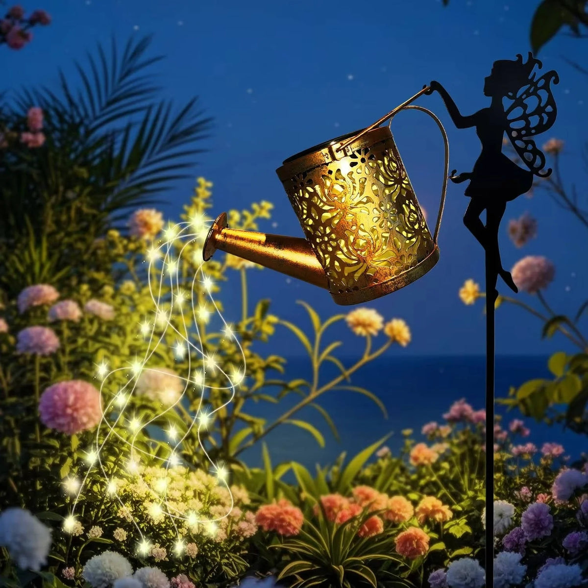 Solar Garden Light Watering Can Warm White Bronze Finish