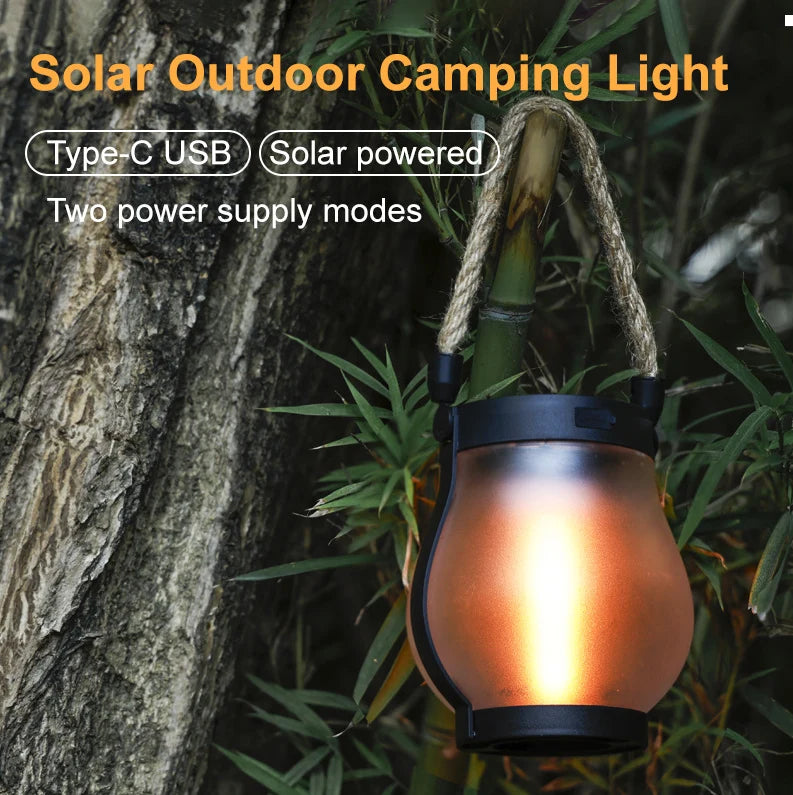 Solar Lantern Flickering Flame 12-Hour Weather-Resistant Hemp Rope