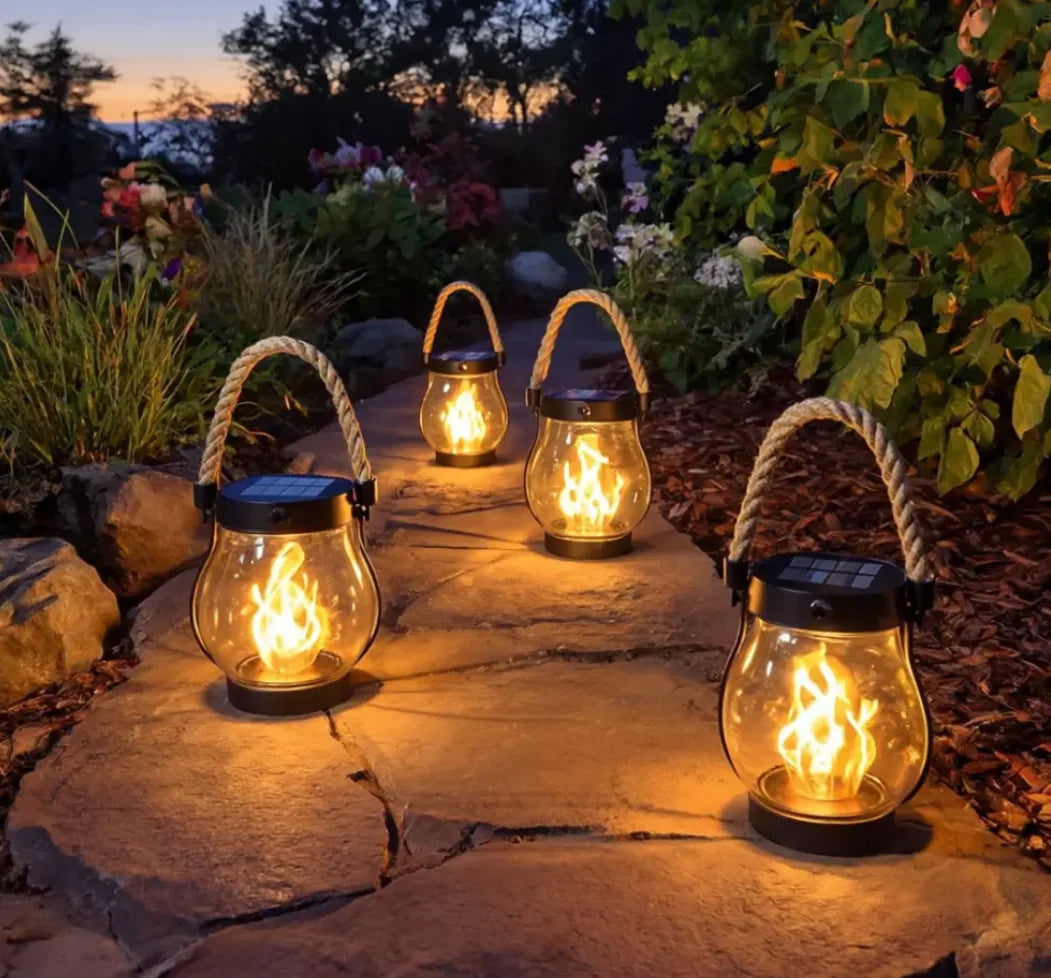 Solar Lantern Flickering Flame 12-Hour Weather-Resistant Hemp Rope