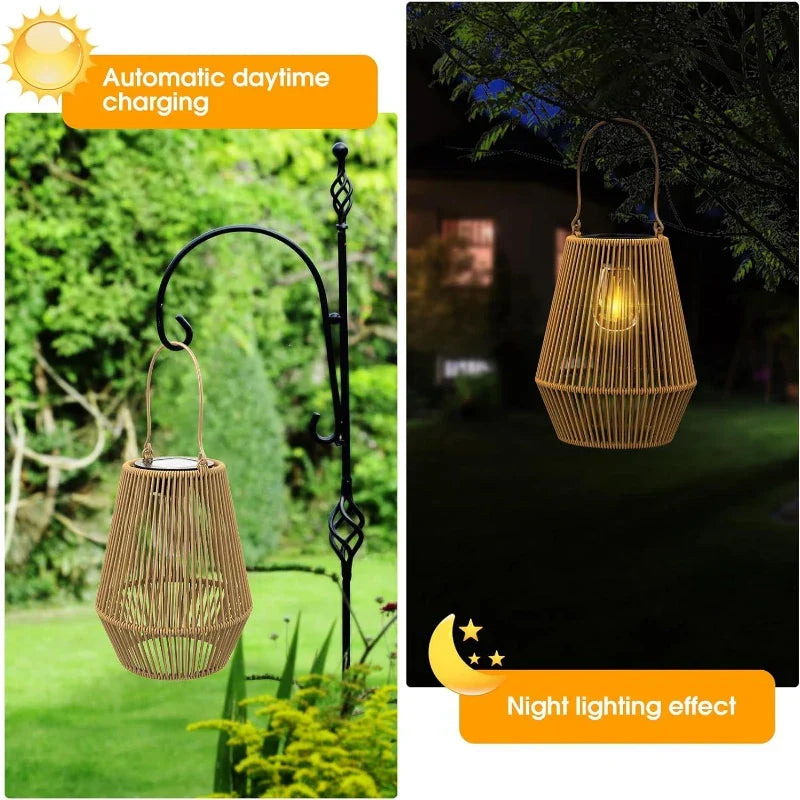 Solar Lantern Rattan Style IP65 Waterproof Automatic Dusk Sensor