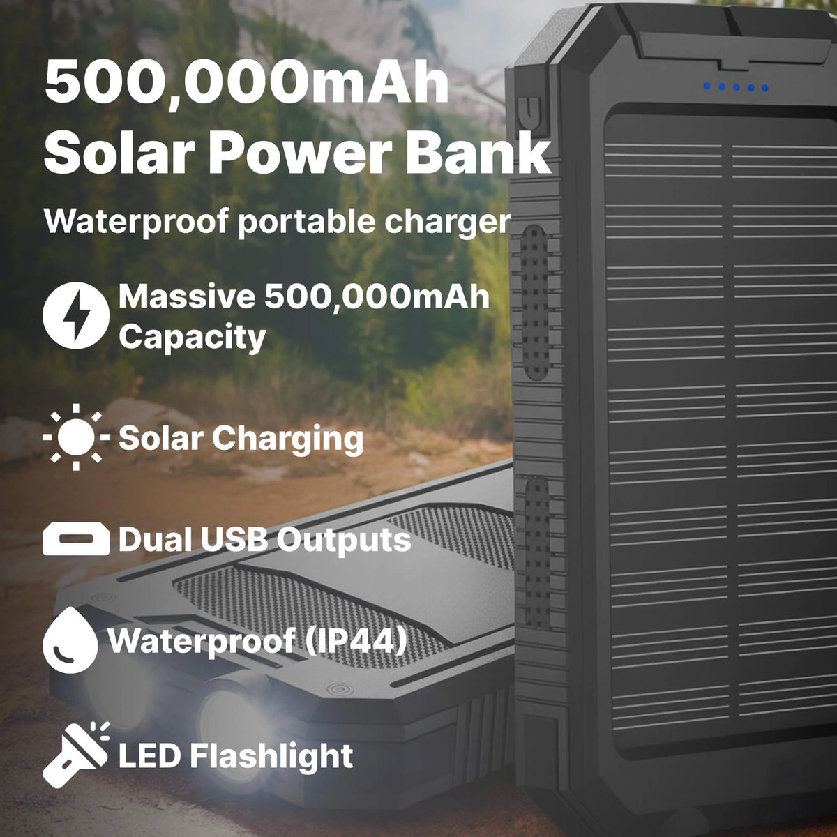 Solar Power Bank 500,000mAh Dual USB Water-Resistant