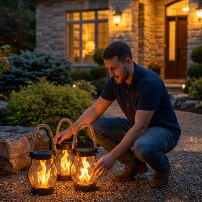 Solar-Powered Realistic LED Flame Outdoor Lantern