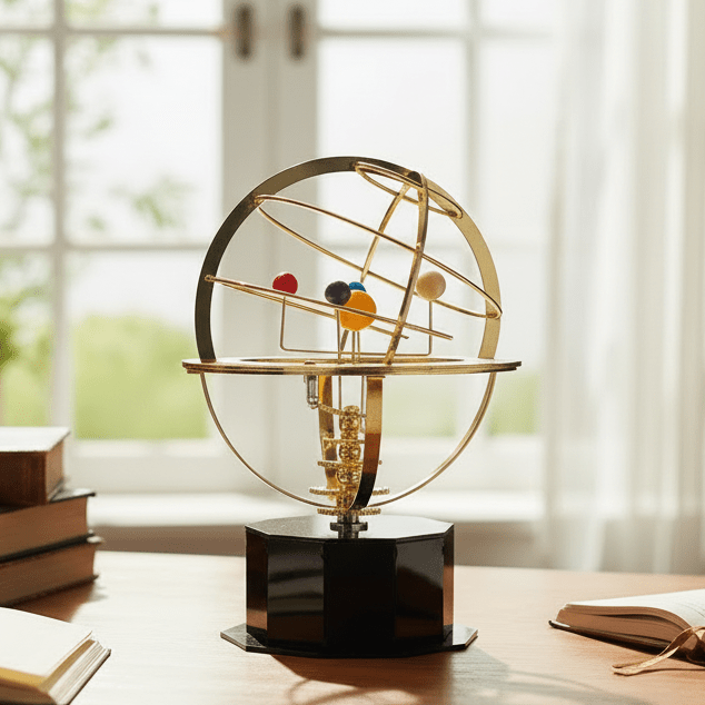 Solar System Orrery Polished Brass Manual Rotation Weighted Base
