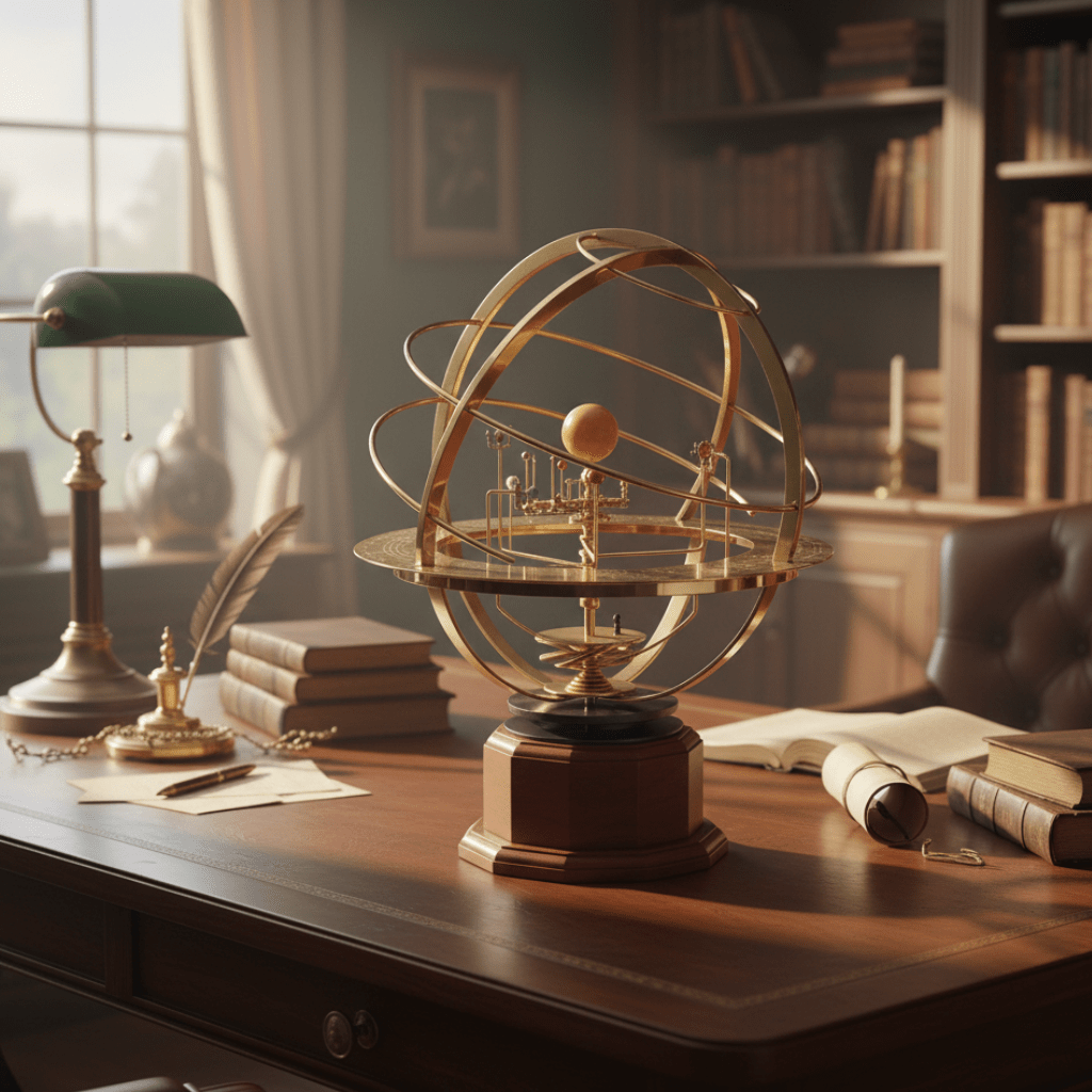 Solar System Orrery Polished Brass Manual Rotation Weighted Base