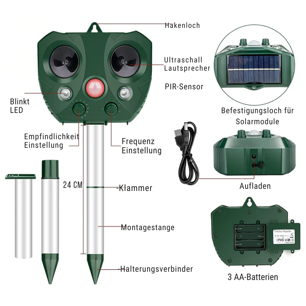 Solar & USB Rechargeable Ultrasonic & LED Bird Repeller