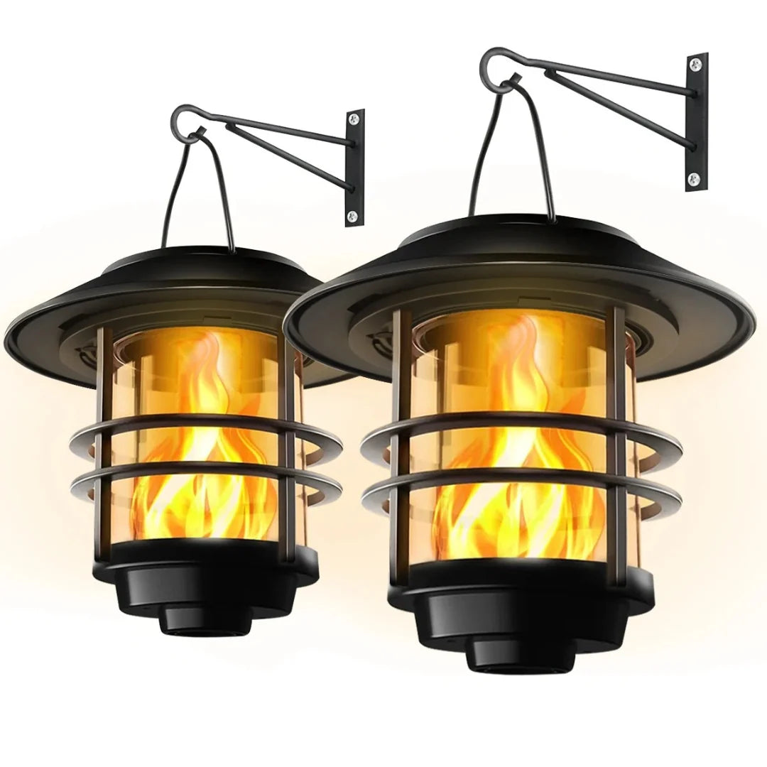 Solar Wall Lanterns Flame-Effect LED Set of 2