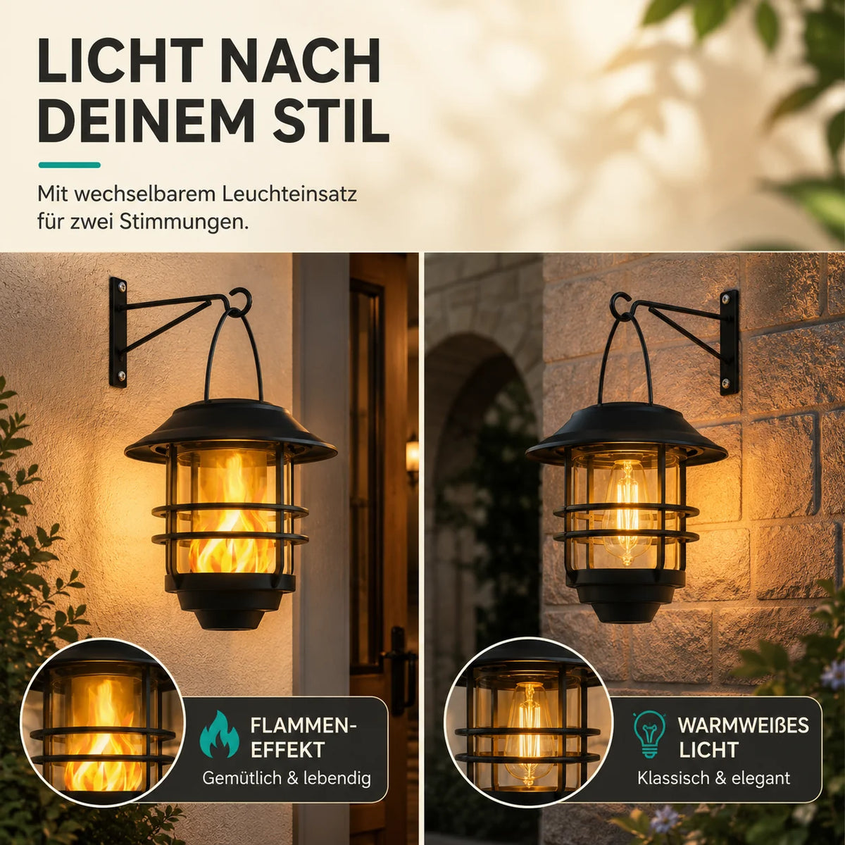 Solar Wall Lanterns Flame-Effect LED Set of 2