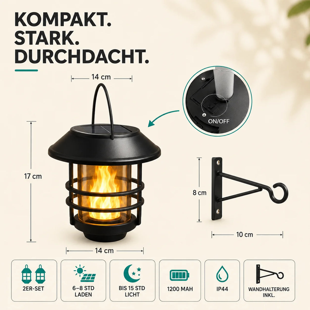 Solar Wall Lanterns Flame-Effect LED Set of 2