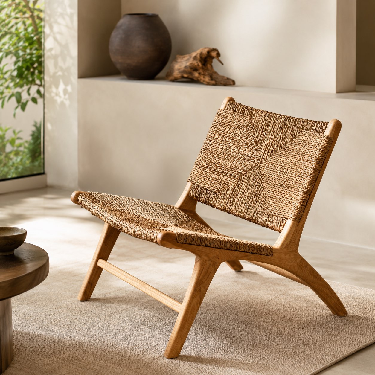 Solid Ash Wood Handwoven Vine Seat Single Sofa Chair