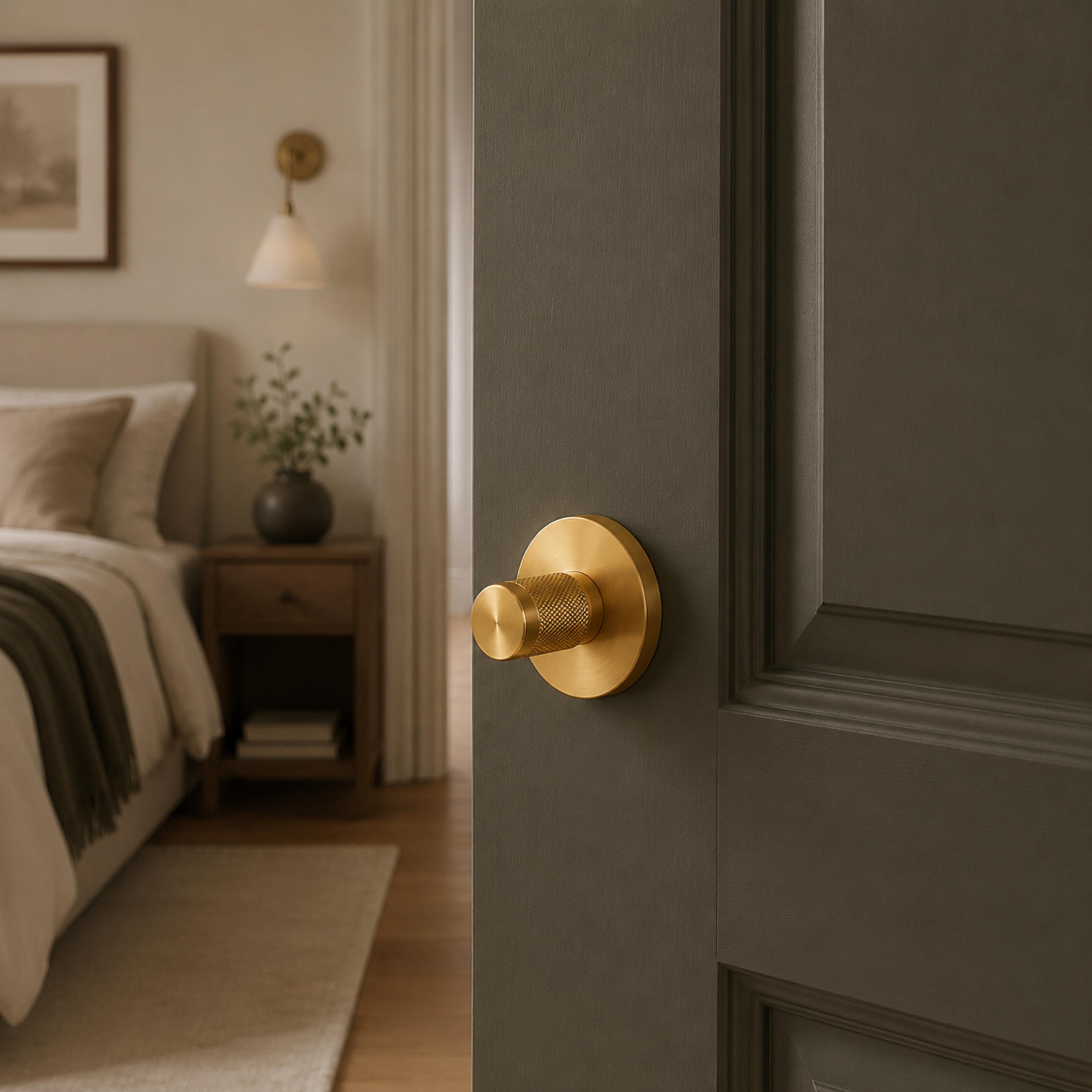 Solid Brass Knurled Grip Interior Door Handle Set (Privacy Lock)