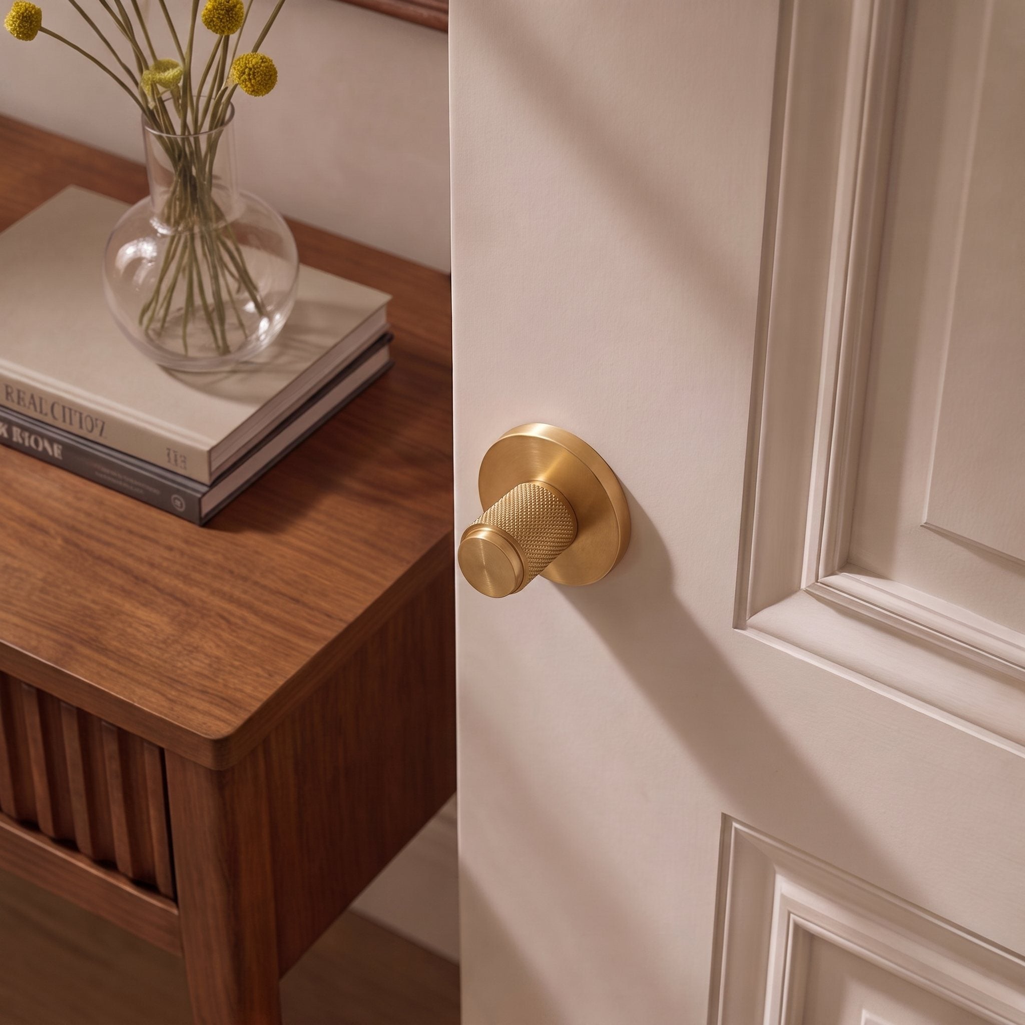 Solid Brass Knurled Grip Interior Door Handle Set (Privacy Lock)