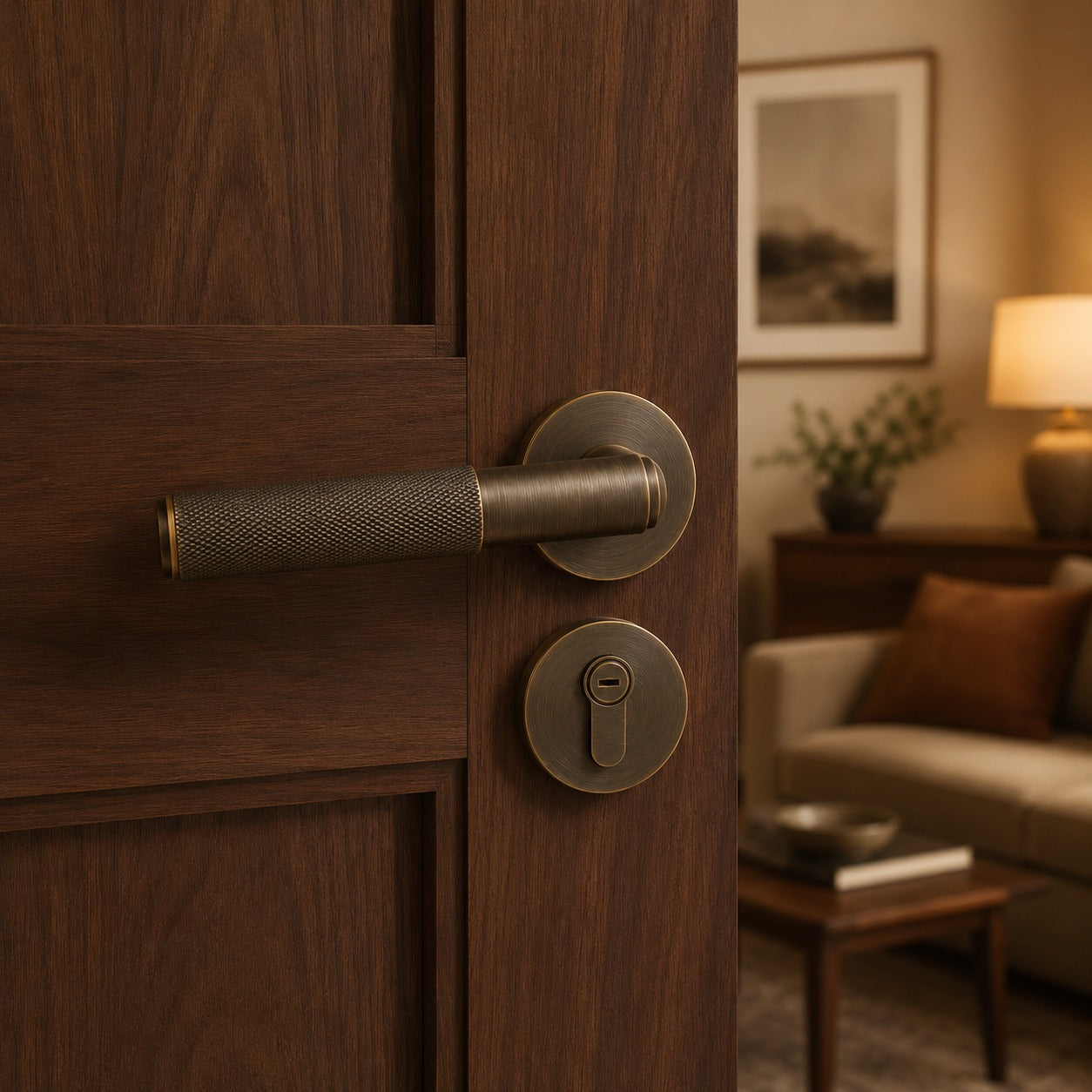 Solid Brass Knurled Lever Interior Door Handle (Square Or Round Rosette)