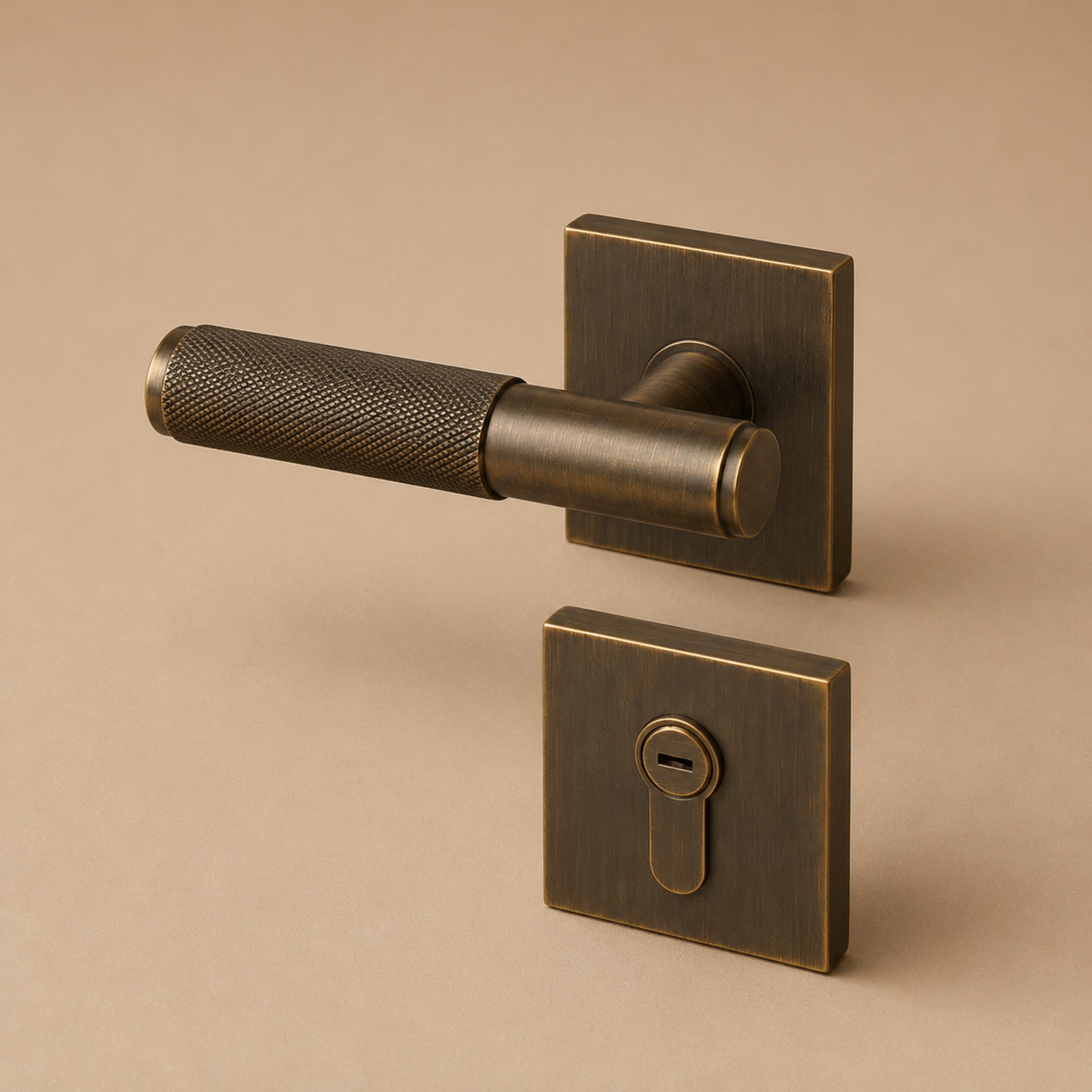 Solid Brass Knurled Lever Interior Door Handle (Square Or Round Rosette)